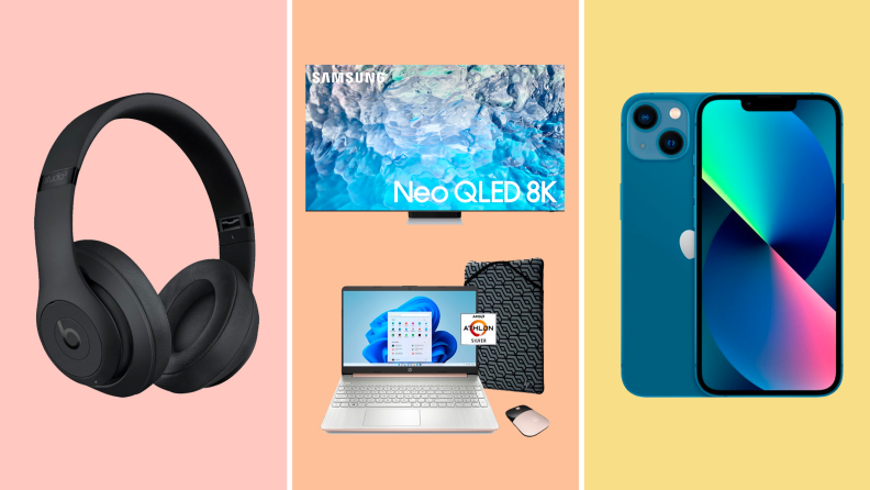 A pair of headphones against a pink background on the left, a TV and a computer against a salmon background in the middle, and a blue iPhone against a gold background on the right.