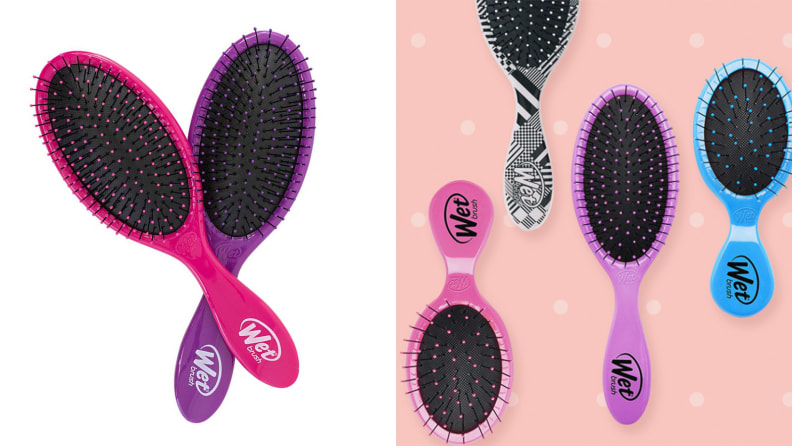 On the left: A pink Wet Brush's handle is criss-crossed with a purple Wet Brush on a white background. On the right: Colorful Wet Brushes of different sizes lay on a light pink background.