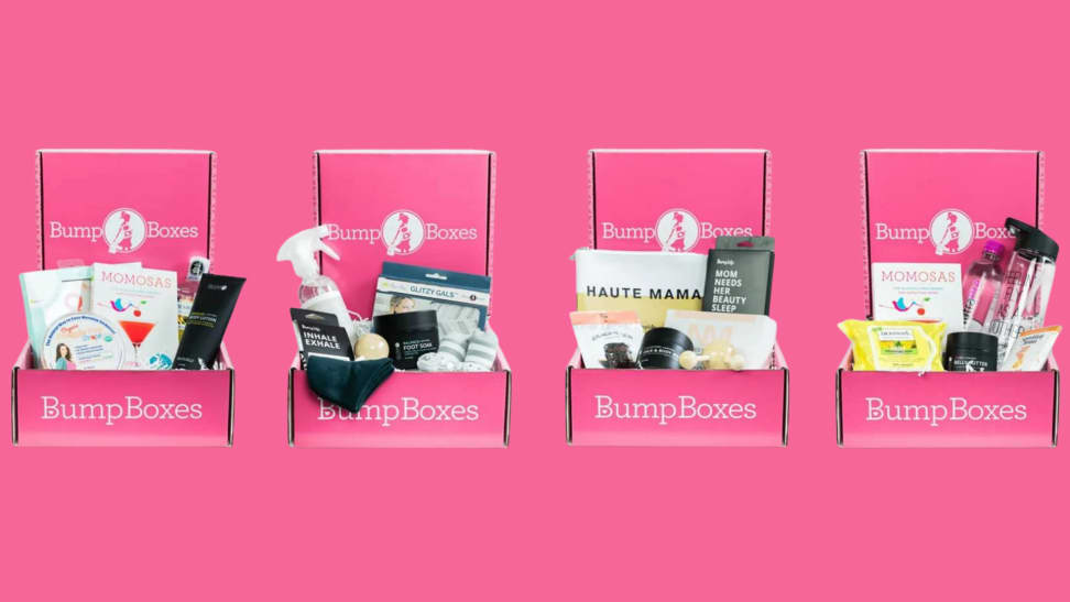 Four pink Bump Boxes full of products against a pink background.