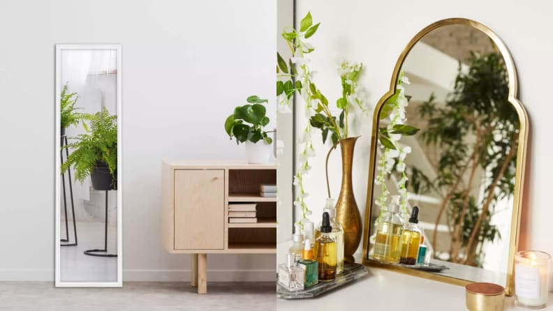 On the left, a white floor mirror leaning against a wall. On the right, a golden arched mirror on top of a vanity.