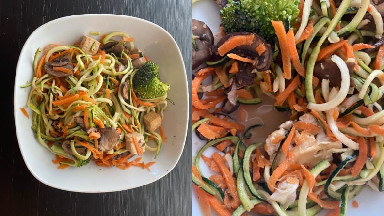 On left, spiralized vegetable on white plate shot from above. On right, close-up of same  bowl with liquid sauce at bottom.