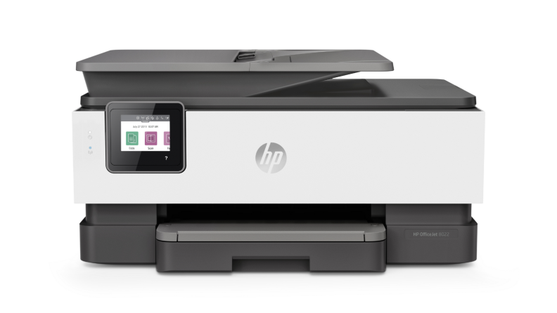 An image of an HP printer in white and gray with the tray partially pulled out.