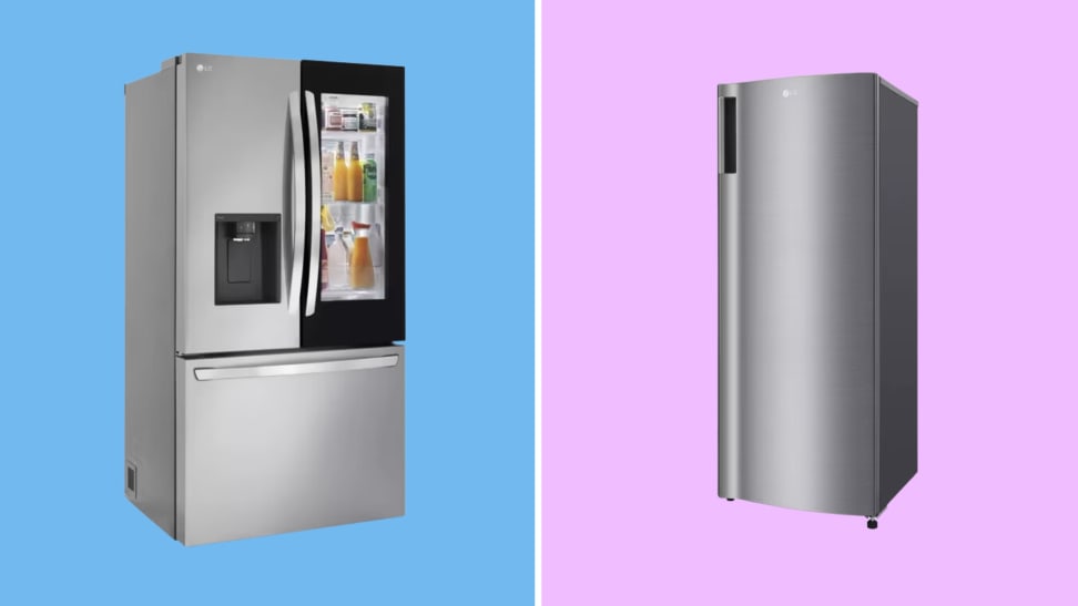 Two different LG refrigerators in front of colored backgrounds.