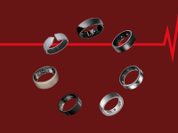 7 smart rings in a circle on a maroon background with a heart monitor pulse line