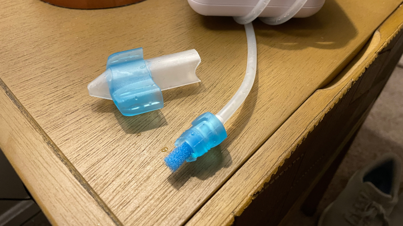 Close-up view of the soft, plastic part of the Nozebot suction device that goes in the nostril.