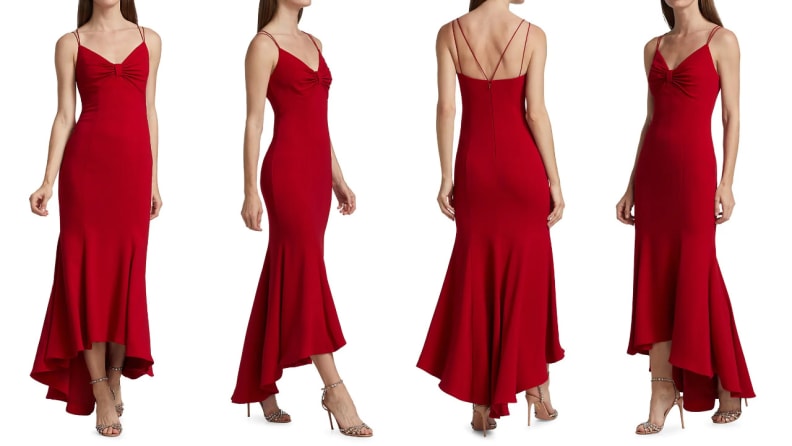 Ta szykowna, designerska sukienka ma dramatyczny asymetryczny dół, który dodaje 