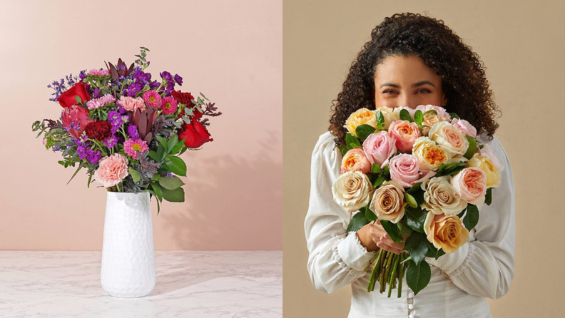 On left, bouquet of red, pink and purples. On left, person smelling bouquet of brightly colored flowers.