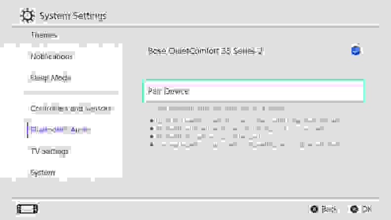 A screenshot of the Bluetooth Audio menu on the Nintendo Switch