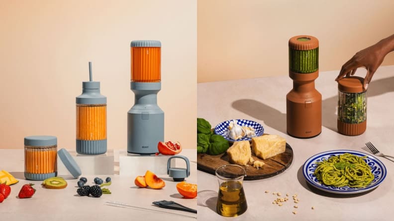 Photo collage of a filled blue and brown Beast Blender Mini surrounded by fruits, cheeses and plates.