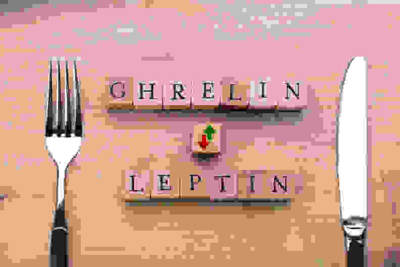 wood letter blocks spelling ghrelin and leptin
