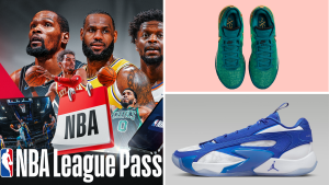 NBA stars around a NBA League Pass logo next to Nike basketball shoes.