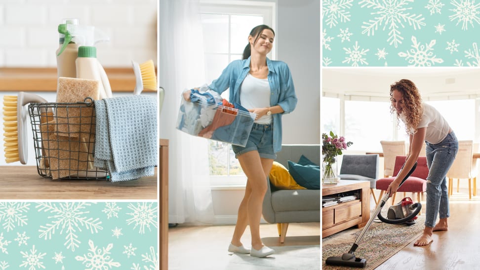 On left, wire basket filled with cleaning products and supplies. In middle, person walking through home indoors while holding clear bin filled with clothes. On right, person using vacuum to clean floors while barefoot indoors.