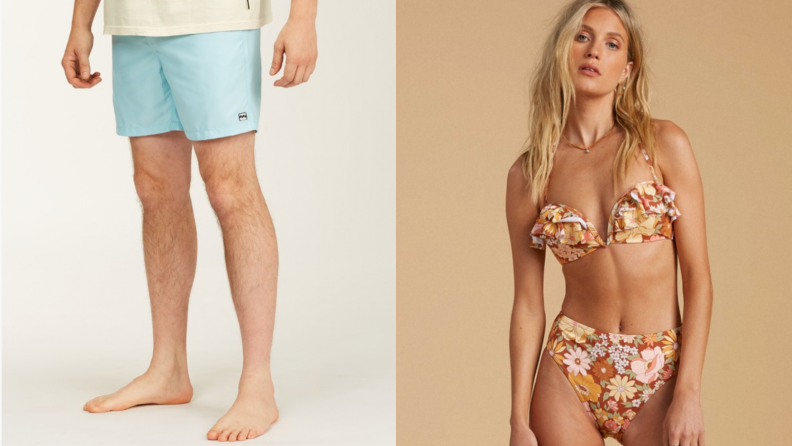 man wearing Billabong shorts, woman wearing two-piece swimsuit from Billabong