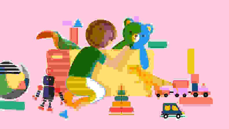An illustration of a young child picking up toys.