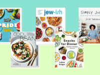 Five cookbooks arranged on a light blue and green background.