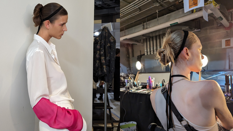 Two women posing with a knotted bun in their hair at NYFW SS 2024.