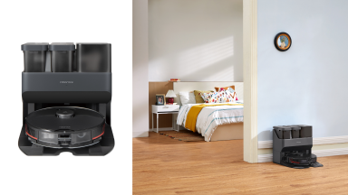 A robot vacuum in a dock on a white background, next to an image of a bedroom with a robot vacuum against the wall