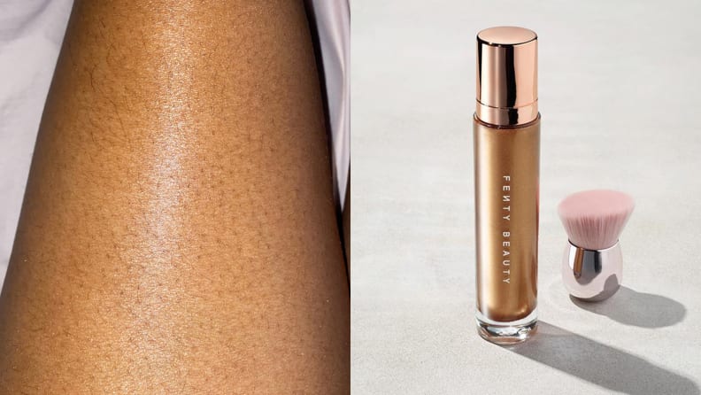 On the left: The author's leg after applying the Fenty Beauty Body Lava. On the right: The Fenty Beauty Body Lava.
