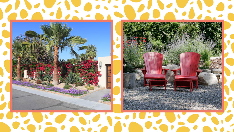 Two images of a lush desert front lawn and two red lawn chairs sit in a backyard.