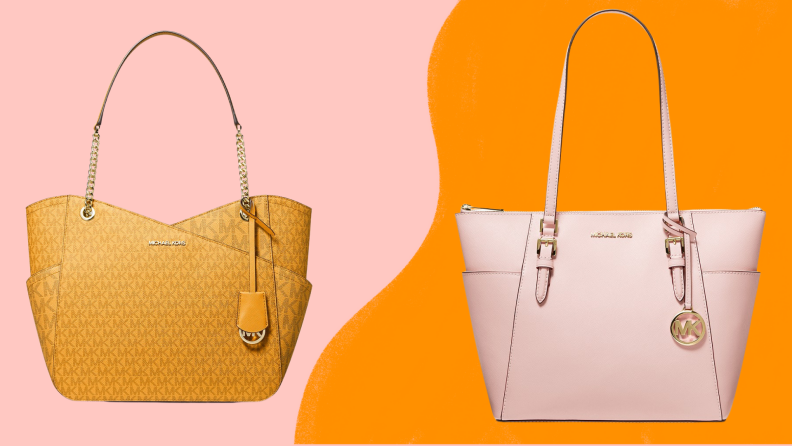 An orange shoulder bag and a pink shoulder bag against a colorful background.