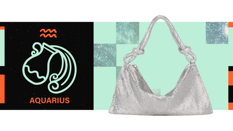 On the left is the symbol for Aquarius, and on the right is a mesh handbag.