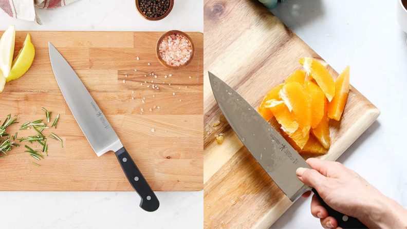 A Henckels knife on a cutting board.