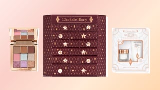 Collage featuring an eyeshadow palette, Advent calendar, and skincare set from Charlotte Tilbury.