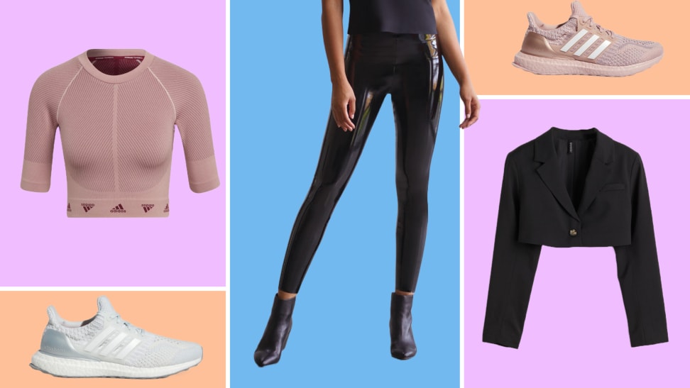 Athletic sneakers, leather pants, cropped blazer, and short-sleeved athletic top.