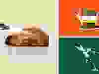 On left, a hand using a turkey baster on a cooked turkey. On right, a fat separator on a red background and kitchen shears on a green background.