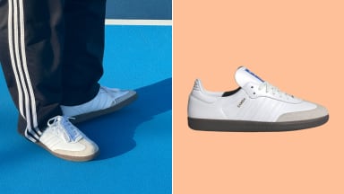 A white sneaker against an orange background, and a photo of someone wearing the same shoes with black track pants.