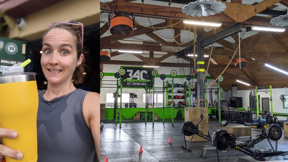 Sweaty woman holding a large drink cup next to a shot of a CrossFit gym