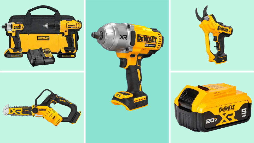 A close-up of several Dewalt products on a green background, including the DCK240C2 combo kit, the mini-chainsaw, the impact wrench, the pruners, and the 20V MAX XR 5.0Ah Lithium Ion Battery.