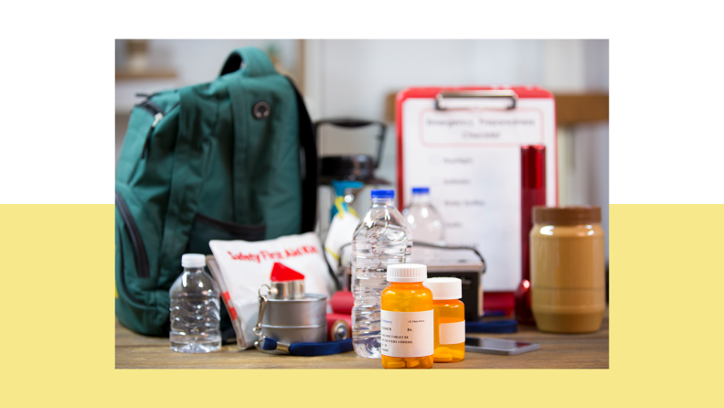 Assorted emergency preparedness products in front of bookbag.