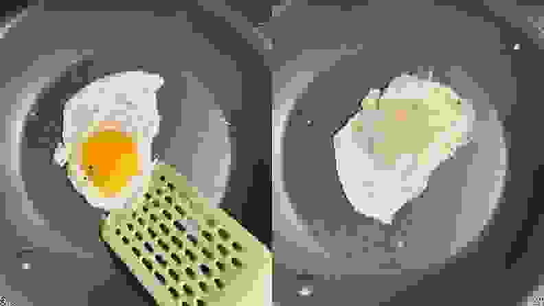 Egg being fried and flipped inside of nonstick frying pan with plastic green spatula.