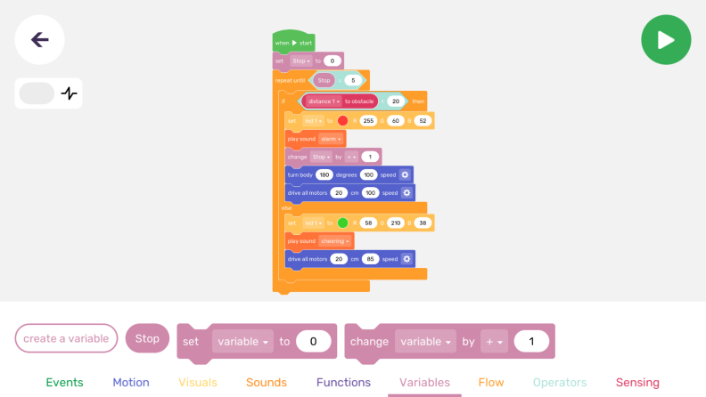 In the Robo Wunderkind Blockly app, you can use the Blockly coding language to program your robot.