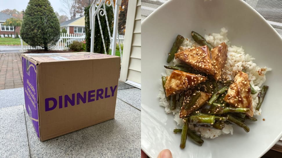 A Dinnerly box on a porch on the left and a plate with seasoned chicken, green beans, and rice.