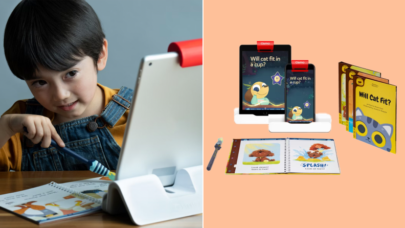 On left, small child using pointer wand on book page to follow along with tablet computer. On left, product shot of the Osmo Reading kit.