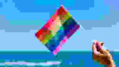 The LGBTQIA+ flag with the ocean in the foreground.