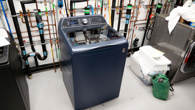 The GE large capacity washer set up in our laundry testing lab
