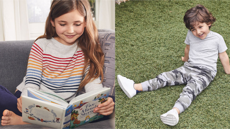 On the left: A girl sitting in a chair reading a book. On the right: A young boy sitting on the grass with his legs out in front of him