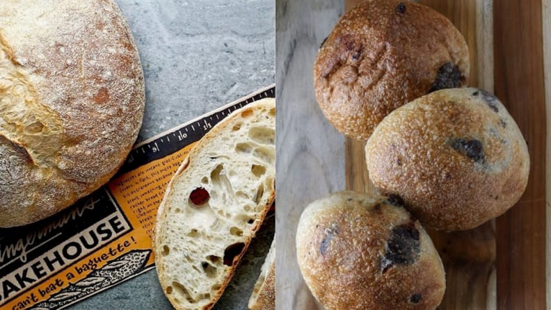 Side by side photos of freshly-baked breads.