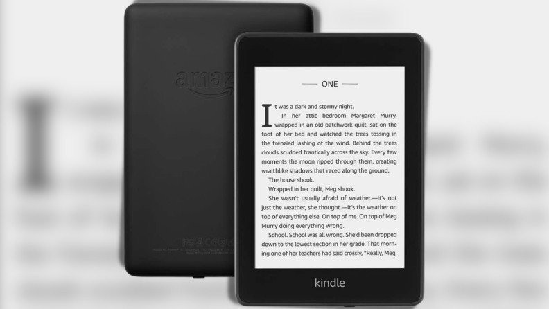 A black Amazon Kindle Paperwhite.