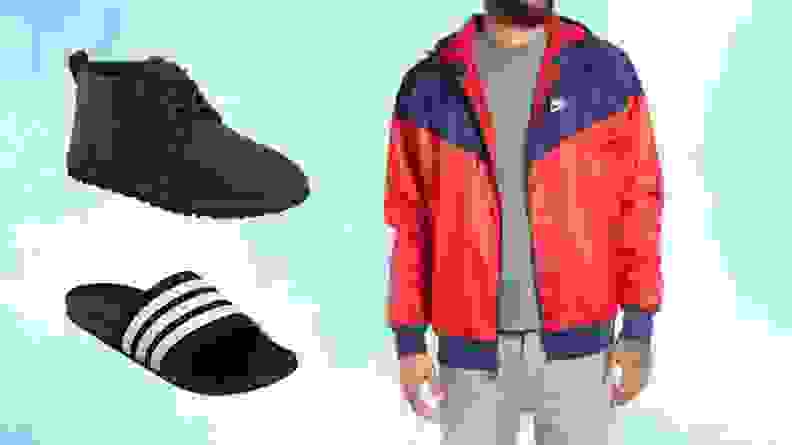 Men's shoes and person wearing red and blue jacket in front of blue background.
