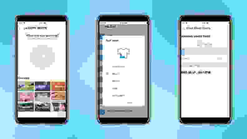 A collage of the Samsung top load washer’s app displayed on iPhones.