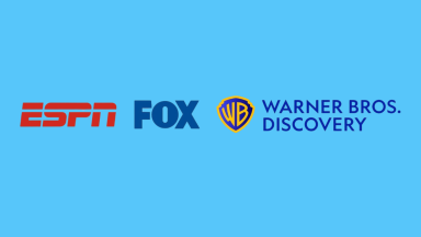 An image of the ESPN, Fox, and Warner Bros. Discovery logos next to one another.