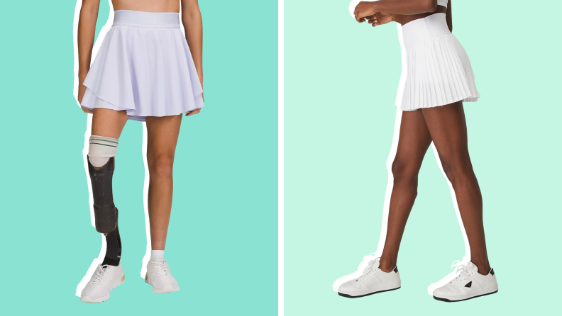 Models wearing white pleated tennis skirts.