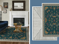 On the left side of the image is a living room setting featuring a Ruggable Premium Rug and on the right side of the image are two Ruggable Premium Rugs on a blue background.
