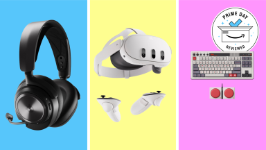 The SteelSeries Arctis Nova Pro Wireless Headset, Meta Quest 3, and 8Bitdo Retro mechanical keyboard on a blue, yellow, and pink background with the Reviewed Prime Day badge.