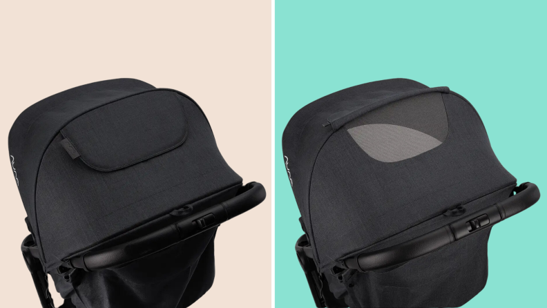 The side-by-side views of the Nuna Trvl Stroller's sunroof canopy on a tan and green background.