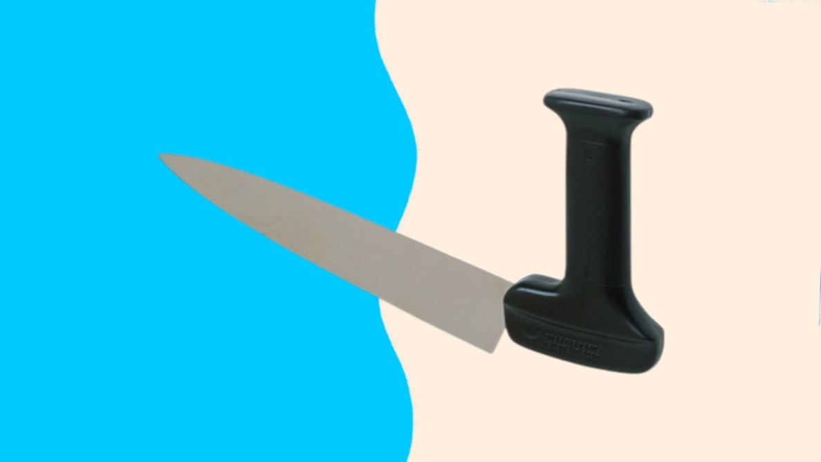 An ergonomic Swedish chef knife on a colorful blue and white background.